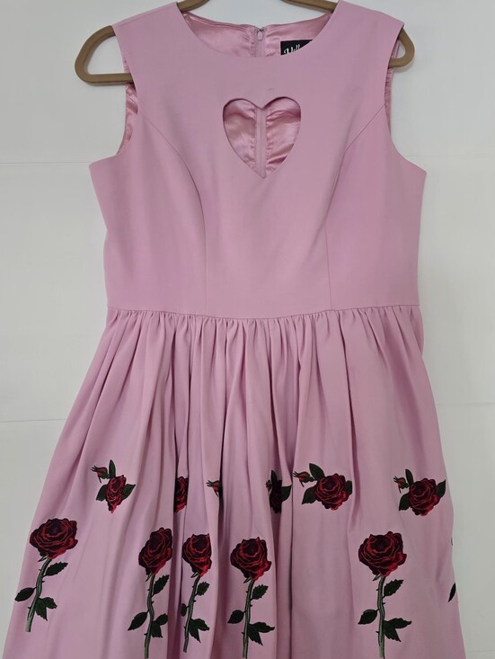 Hell Bunny Dresses & Skirts - Hell Bunny Pink Rose Embroidered Dress M Heart Cutout Rockabilly Pinup Pockets